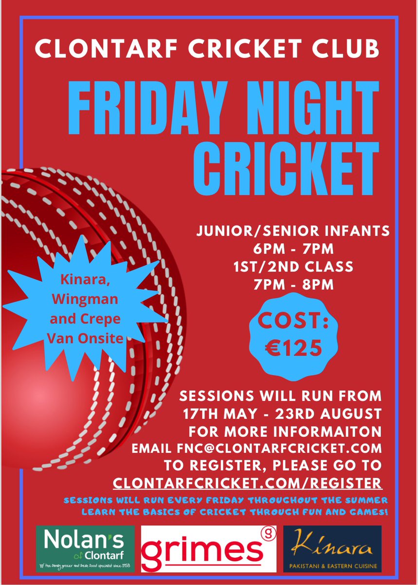 IT’S BACK Friday Night Cricket starts on May 17th all the way through to August 23rd You can register here clontarfcricket.com/register on our on line portal and any questions you have can be sent to FNC@clontarfcricket.com Looking forward to seeing you all for FNC