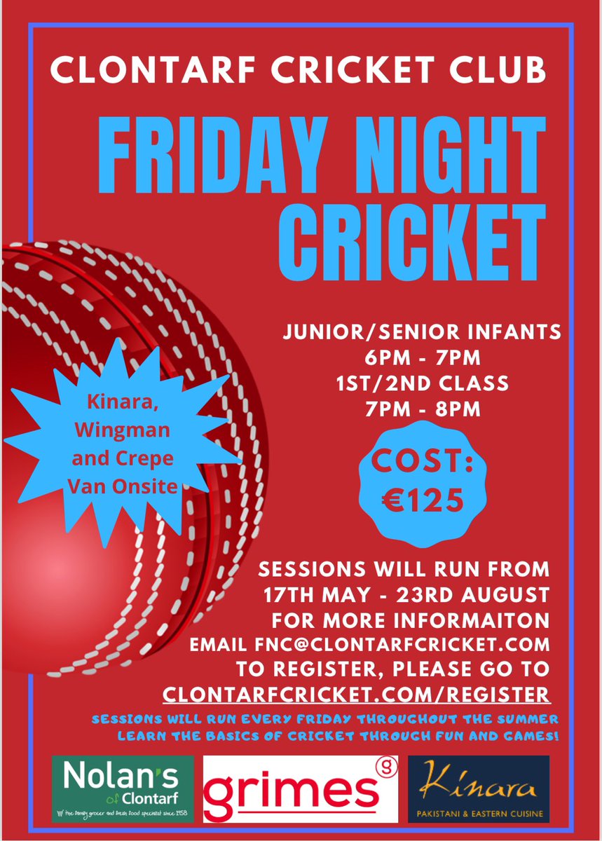 IT’S BACK Friday Night Cricket starts on May 17th all the way through to August 23rd

You can register here clontarfcricket.com/register on our on line portal and any questions you have can be sent to FNC@clontarfcricket.com

Looking forward to seeing you all for FNC