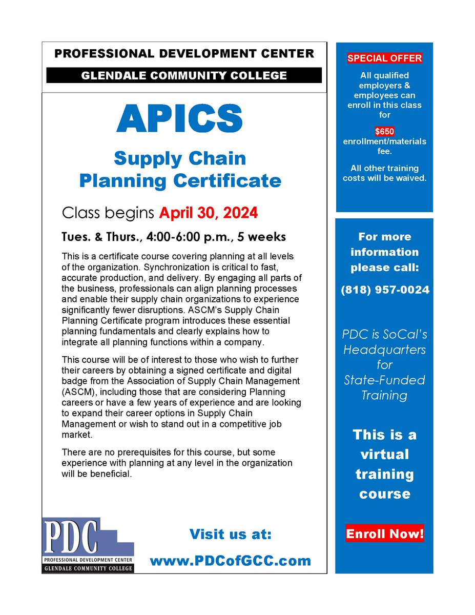 Contact us today to enroll in our upcoming #APICS #SupplyChain Planning Certificate #trainingcourse. Class begins April 30, 2024.