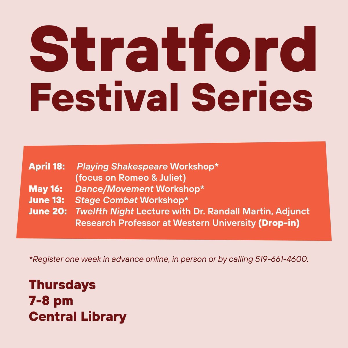 🎭 Thursday at 9 am registration for our first workshop in the 2024 @stratfest Series opens. Register: buff.ly/43rUZFR 🔺April 18, join us at Central Library for the hands-on workshop, Playing Shakespeare. This workshop is facilitated by Stratford Festival artists.