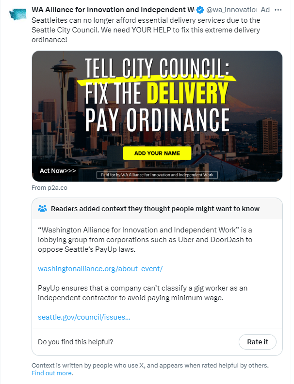 When your ads are so misleading they get community notes you know its bad. Someone send this to councilmembers that want to treat groups like this as if they represent workers, but not the unions that actually do.