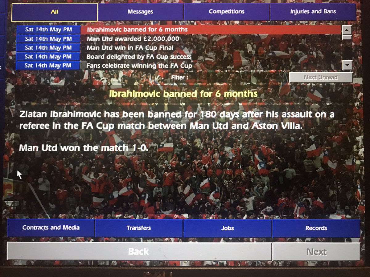 Playing Championship Manager 2001/02 and this is the first time I’ve ever seen this. Zlatan sent off for hitting the referee in an FA Cup final!