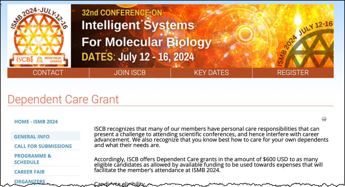 .@ISCB recognizes that many of its members have personal care responsibilities that can make attending scientific conferences challenging ... Accordingly, @ISCB offers Dependent Care grants in the amount of $600 USD for #ISMB2024: Read details here: 
iscb.org/ismb2024/gener…