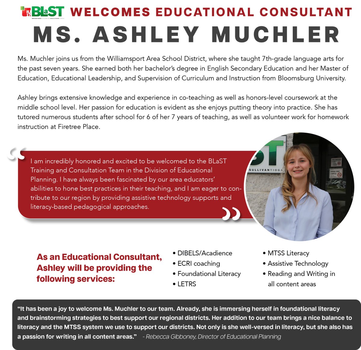 We are excited to welcome Ms. Ashley Muchler as the newest member of our Training and Consultation Team (TaC) in the Educational Planning department at BLaST IU 17!