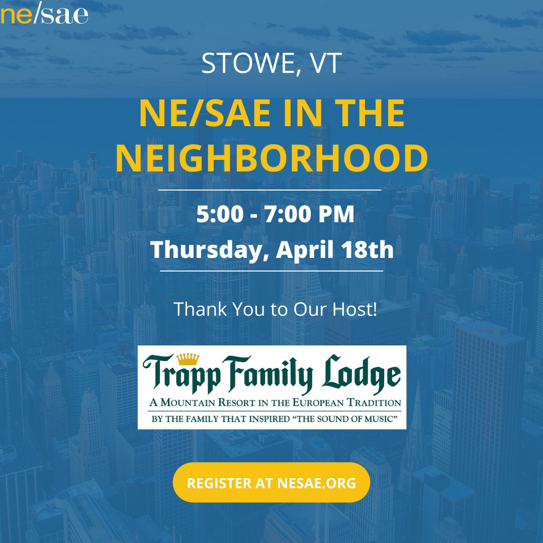 ❗Calling all Vermont association professionals &amp; industry partners❗

NE/SAE is coming to your neighborhood for a networking &amp; discussion based event! Bring your entire association staff for a night of professional enrichment.

Register to attend here: nesae.org/events/EventDe…