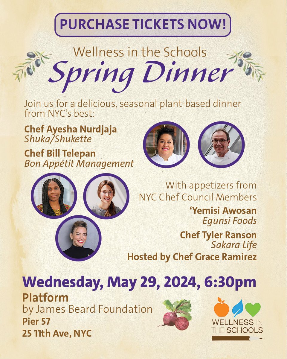 Tickets are now live for our Spring Dinner! Mark your calendars for May 29th at Pier 57 in NYC. Join Wellness in the Schools for a delicious, seasonal plant-based dinner from NYC's best! 

wellnessintheschools.org/event/wellness…