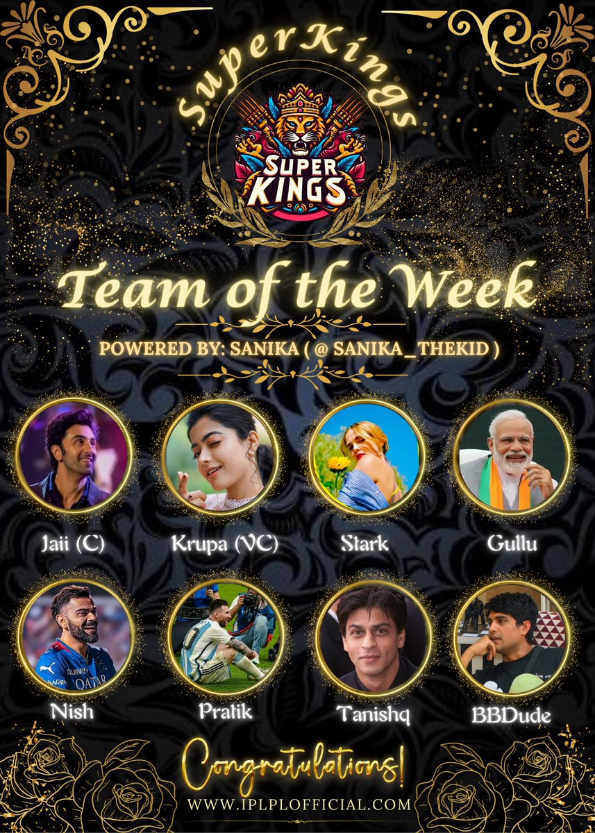 Congratulations To "SUPER KINGS" for Winning  Team of the Week of Week 5 of IPLPL Cinematic Version S4. 

Captain : <a href="/itsvibingsoul/">𝐉.</a>

Team :
<a href="/KrupaVora21/">Krups</a> <a href="/BiggBossDude/">Rahul⚡</a> <a href="/RaddaIncoming/">ѕтαяк ❥</a> <a href="/eotdonlyme/">v¹⁶</a> <a href="/RoarLike_Nish/">nish</a> @breathemessi___ <a href="/boom_raaah/">Tanishq</a>

Well Played Everyone 🎉

#IPLPL #IPL2024