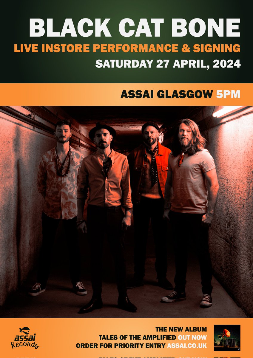 Delighted to have Assai Recording Artists, @BlackCatBone3 in-store for a performance & signing in support of new LP #TalesOfTheAmplified a week after #RSD24 on Saturday 27th @ 5pm!

Priority entry bundles & the LP available here: assai.co.uk/collections/bl… #blackcatbone #glasgow