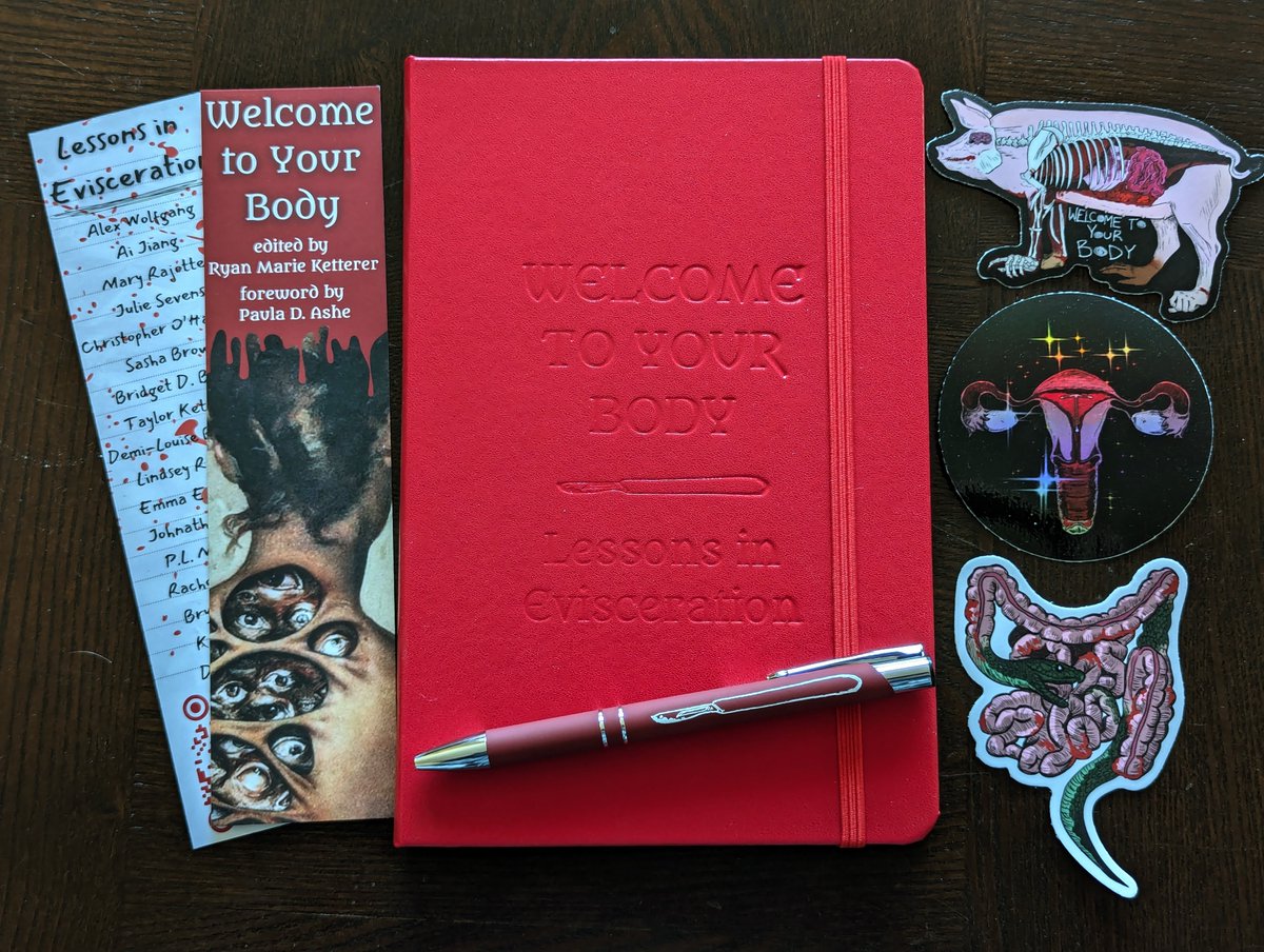 It is finally time to announce a 🔪 Limited Edition Paperback Preorder 🩸 for WELCOME TO YOUR BODY! Included: - Paperback signed by the editor - Custom embossed notebook - Scalpel pen - Bookmark - Stickers with art done by the wonderful @AuthorPLM All for $35! Order👇