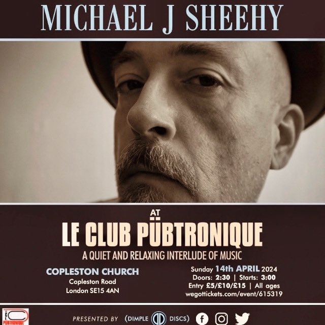 We're excited to tell you about this Sunday afternoon's gig with @MichaelJSheehy at @coplestonpeckham hosted by our friends @DimpleDiscs Sunday 14th April Doors open 2.30pm for 3pm start Link to book or just £3 on the door for Copleston folk wegottickets.com/event/615319/