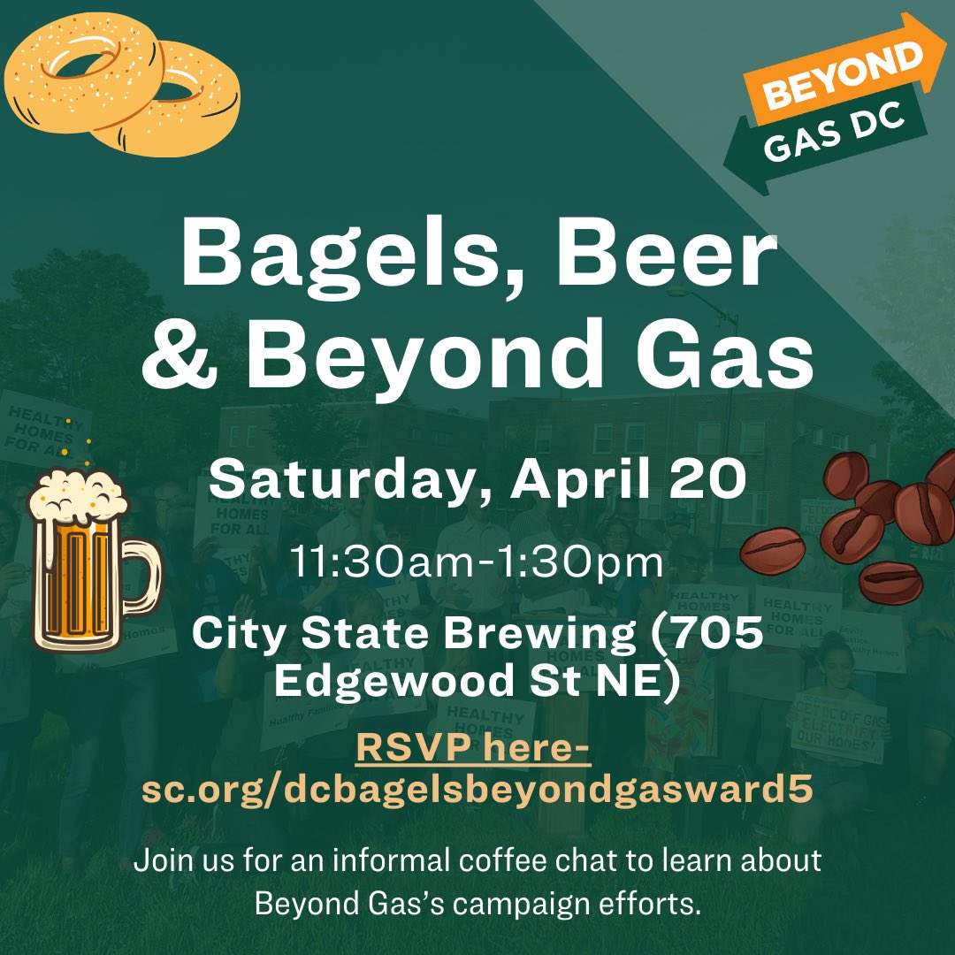 Will we see you for Bagels, Beer and Beyond Gas? 🥯🍻 Join us Saturday, April 20 at 11:30 at City State Brewing and learn more about exciting efforts to help 30,000 low-income DC residents electrify their homes. #healthyhomesforall Sign up here- sc.org/dcbagelsbeyond…