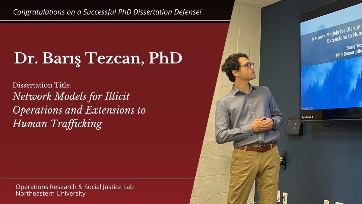 ORSJ_Lab's tweet photo. It is our pleasure to introduce Dr.@tezcan_baris!

Baris expertly defended his PhD Dissertation in Industrial Engineering today, highlighting the importance of working in research partnerships with survivors of trafficking &amp; advancements in stochastic network interdiction. 🎉 https://t.co/yi27msBc1f