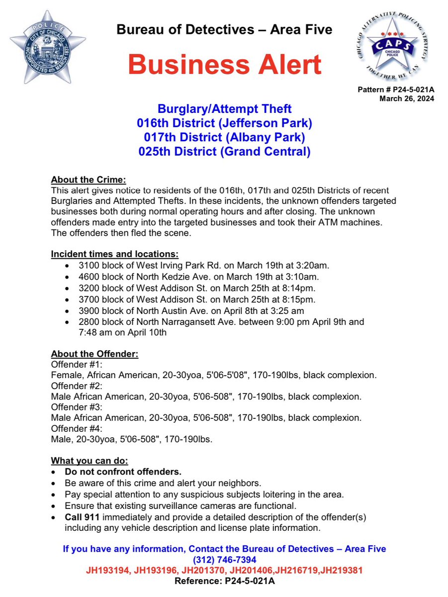 BURGLARIES @ChicagoCAPS16 @ChicagoCAPS17 @CPD25thDistrict @Area5Detectives #ChicagoPolice