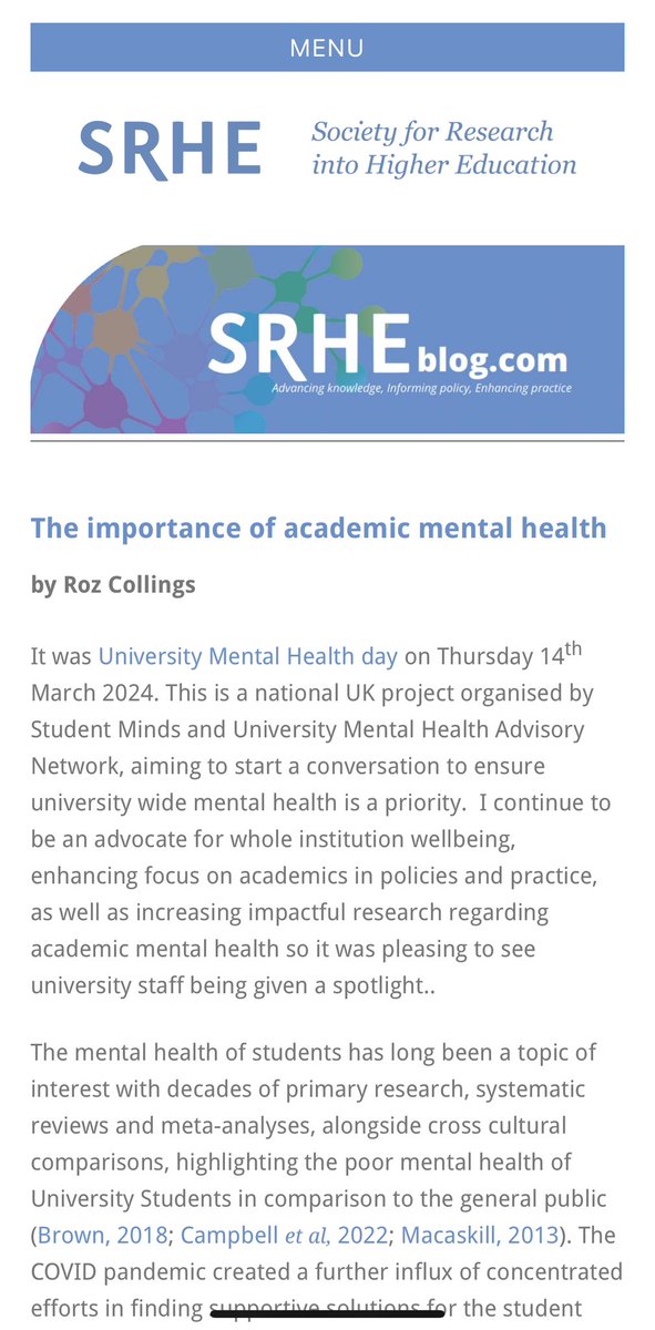 Very pleased that my blog on academic staff mental health was released today by @SRHE73 You can check it out and other really interesting blogs at srheblog.com •Time to shine a light on academic MH• #AcademicChatter #MentalHealthAwareness #startaconversation