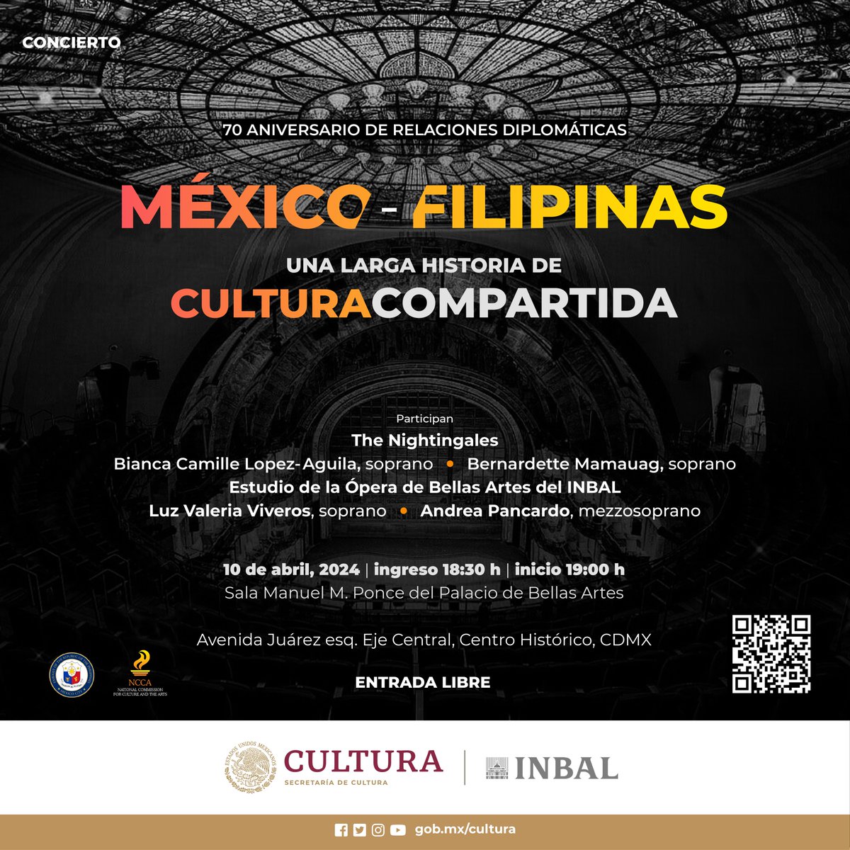 🇲🇽🤝🇵🇭 ¡ES HOY! “Una larga historia de cultura compartida”, concierto en conmemoración por el 70 aniversario de relaciones diplomáticas entre México y Filipinas. 📍 @PalacioOficial ⏰ 19 h 🎟️ Entrada libre El acceso a la sala será desde las 18:30 h. ¡Te esperamos!