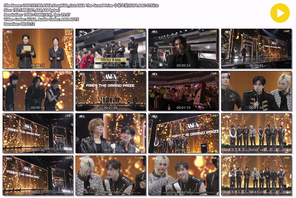STEii_e4's tweet photo. 240410 ASEA Stray Kids - TBS 방송버전 컷.ts

*필릭스 VCR +가수석 컷
🔗https://t.co/PDK3YdSxRc

*수상소감 
🔗https://t.co/fD8hfNQbOP

*본무대+앵콜
🔗https://t.co/Yai5LCGGID

영상 재배포 금지 https://t.co/btz661l468