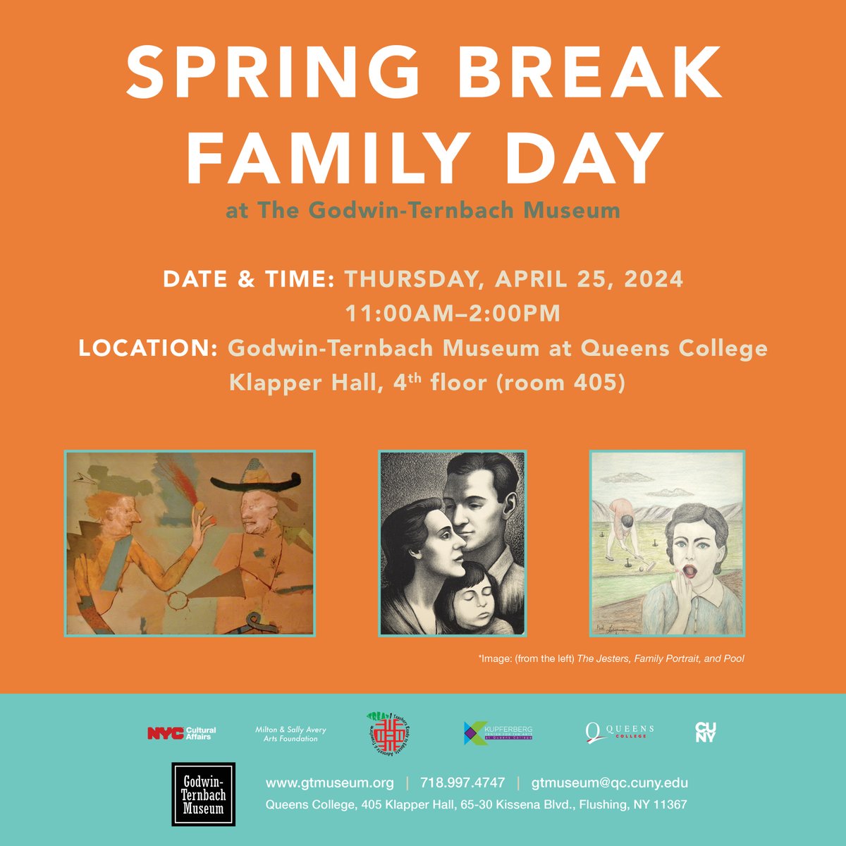 Join us for SPRING BREAK FAMILY DAY! THURSDAY, April 25, 2024, 11:00Am–2:00pm Godwin-Ternbach Museum at Queens College Klapper Hall, 4th floor (room 405) Families and kids of all ages are welcome to drop in to view our current exhibition. This program is FREE & open to public.