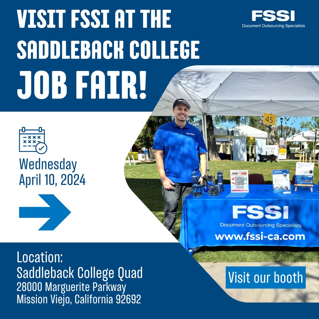 Interested in joining the FSSI team? Join us today at Saddleback College in Mission Viejo, CA, for the 2024 Job & Internship Fair!

saddleback.edu/events/job-int…

#sccrc #SaddlebackCollege #JobFair