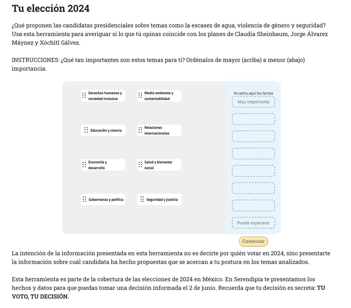 ¿Por quién votar en 2024? En #DeEsoSeTrata hablamos de la herramienta de <a href="/SerendipiaData/">Serendipia</a> para saber cuál candidata ha hecho propuestas que se acercan a tu postura en temas como salud, inseguridad y género.

serendipia.digital/elecciones-202…