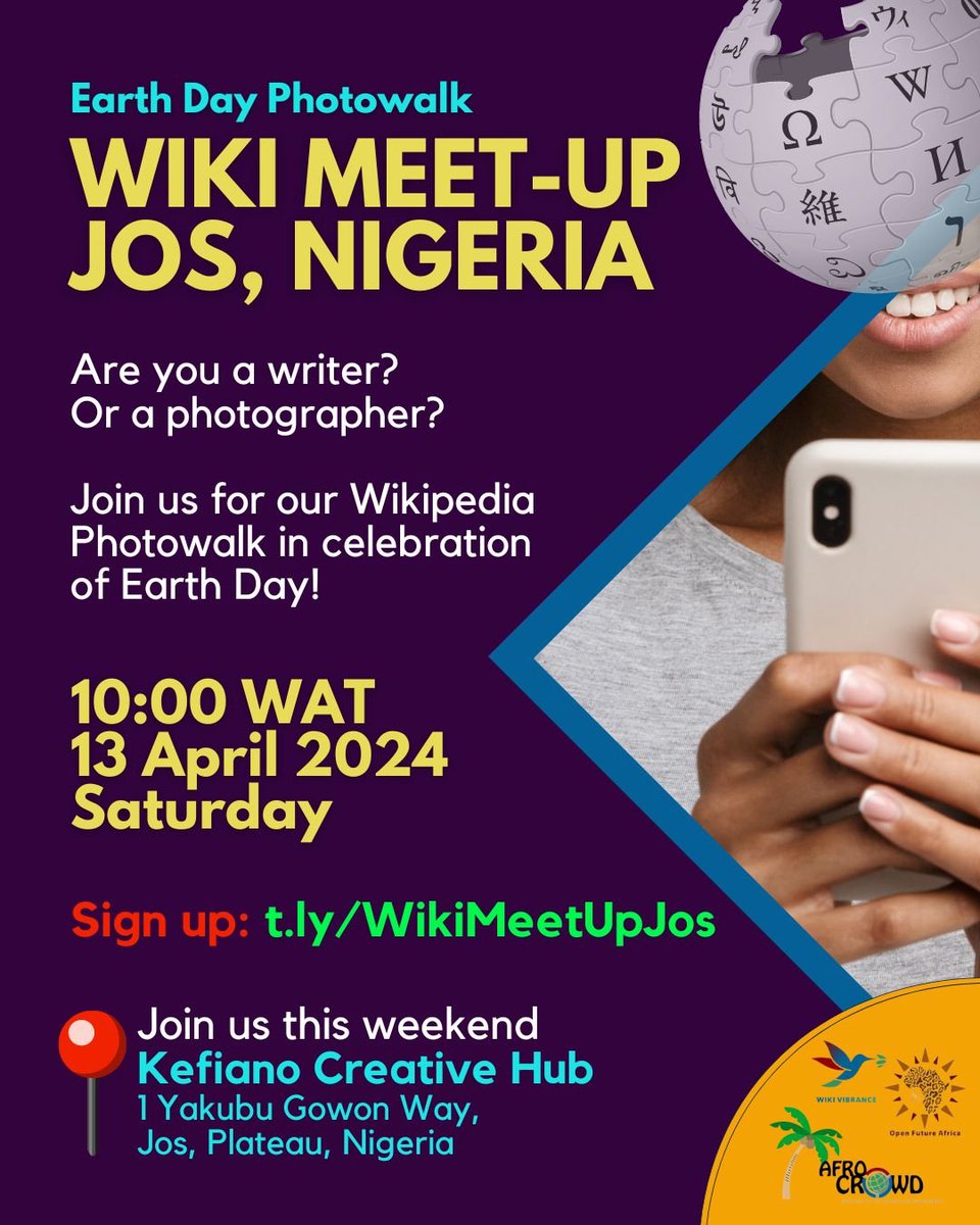 This weekend, 13 April 2024 (Saturday),  WAT.
Are you a writer? Or a photographer? In the Jos area?
Join our friends and partners in Jos, Nigeria, for a Wikipedia Photowalk, in celebration of Earth Day! 
&lt;3 &lt;3 <a href="/WikiVibrance/">WikiVibrance</a> #OpenFutureAfrica
Sign up: t.ly/WikiMeetUpJos