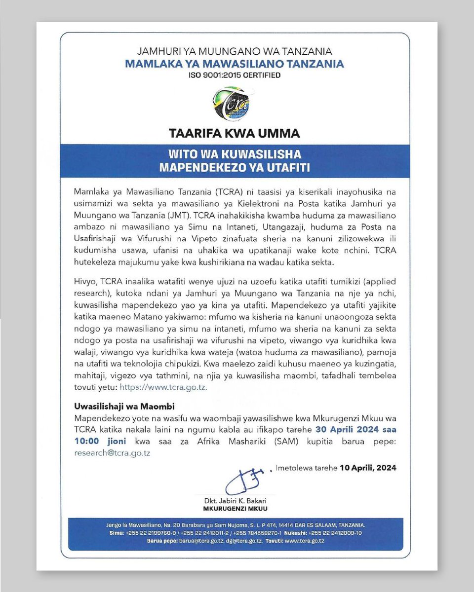 TAARIFA KWA UMMA Kutoka @TCRA_Tz

Wito wa kuwasilisha Mapendekezo ya Utafiti

#tcratz #tcraPN #tcrataarifa #appliedresearch #communication #research