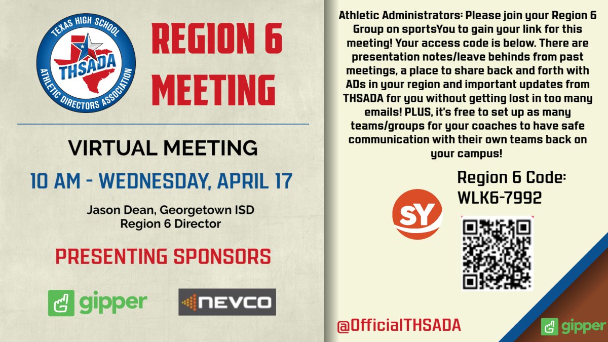 Our next Region 6 Meeting for membership throughout Central Texas and the Greater Austin area is Wednesday. Members across Region 6: Refer to your Group on sportsYou to gain Access to this Virtual Meeting.