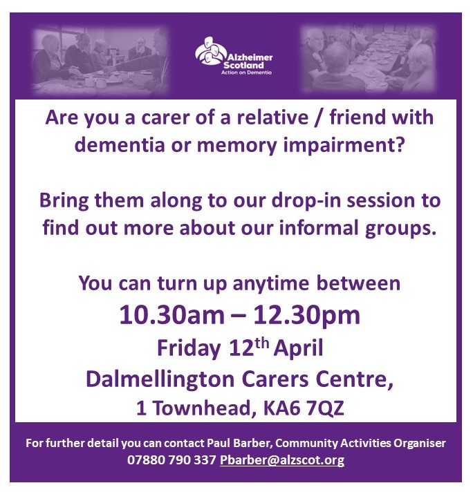This Friday.
#dalmellington 
#Alzheimer #Alzheimers
Come along.
@eahscp @EACarers @CVOEastAyrshire @EastAyrshire