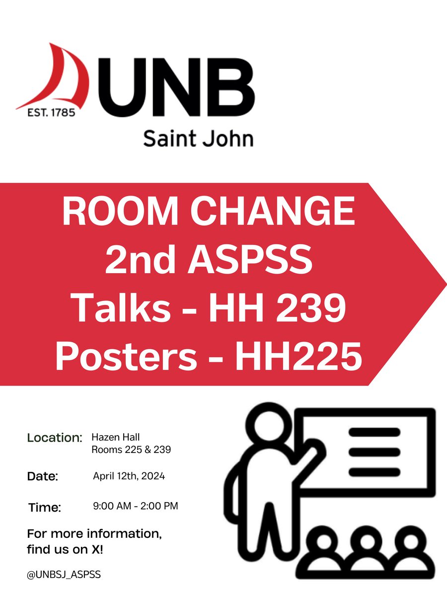 *IMPORTANT NOTICE!!!*
Due to unforseen circumstances, the symposium on Friday will now take place in Hazen Hall rooms 225 &amp; 239. Please spread the word! Looking forward to seeing you all there. #ASPSS <a href="/UNBSJPsych/">UNBSJ Psych</a> <a href="/UNBResearch/">UNB Research</a> <a href="/UNBSGS/">Graduate Studies</a>
