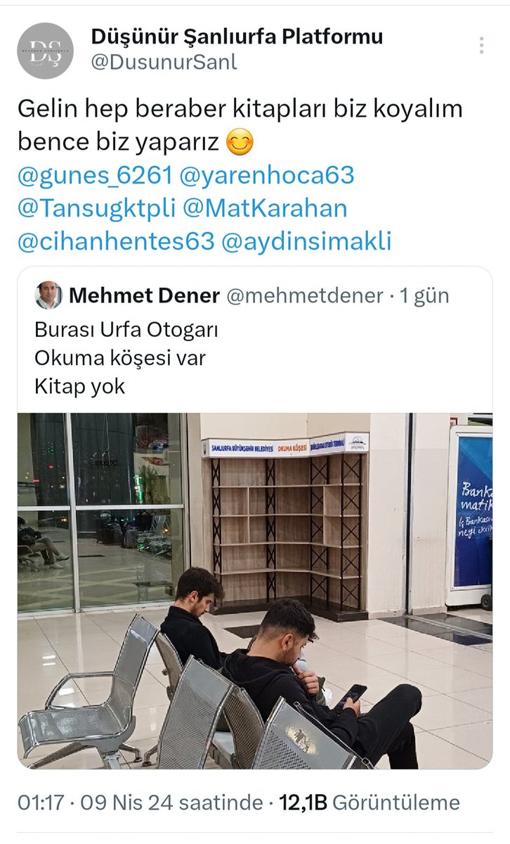 Tamda emek hırsızlığı dedikleri şeye örnek bir paylaşım, görüleceği üzere <a href="/DusunurSanl/">Düşünür Şanlıurfa Platformu</a> ön ayak olmuş akabinin de insanlar kitap götürmüşler bunu görmeyenler yine devreye girmiş.!Teşekkürler düşünürler örnek olmakta güzel. <a href="/sanliurfabld/">Şanlıurfa Büyükşehir 🇹🇷</a> <a href="/hasansildak/">Hasan ŞILDAK</a> <a href="/acanbeyli/">ABDULLAH  CANBEYLİ</a> <a href="/mehmetyetim63/">Mehmet Yetim</a>