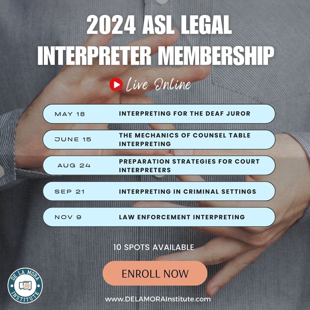 DLM_Institute's tweet image. Boost your legal interpreting skills and knowledge with our ASL membership package! It includes 5 courses geared to help you suceed as an ASL court interpreter! 🧏‍♂️💼 Link in bio.

#ASLInterpreter #ASLInterpreters #ASLCareers #ASLInterpreterTraining #CourtInterpreterTraining