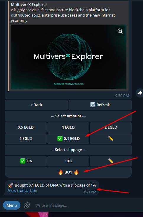 CyberSpartanX's tweet photo. EDGE is now live, trading ESDT's on #MultiversX has never been easier...

All you need to do is have telegram, open the link: https://t.co/afX9j1OEYD

1. Deposit some $EGLD into your newly created wallet
2. Click buy and then type the ticker of the token you want to buy (for example DNA-b144d1 )
3. Select the amout you want to buy and set the slippage
4. Click buy and enjoy super fast transactions!

If you want to see your positions, click the sell button.

Make sure to always have some $EGLD for transaction fees!

That's pretty much it, there are more features too, feel free to fiddle around with it!

Also, it's a good idea to spread your referral because you get % of the trading fees, referrals of your referrals also benefit you 🧠