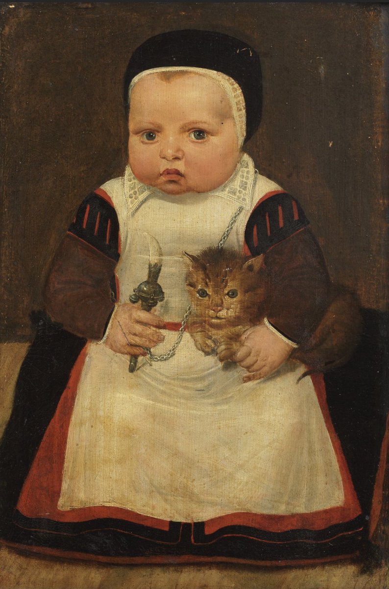 Portrait of a child holding a cat and a rattle, att. Follower of Adriaen van der Linde (Bruges circa 1560-1609)