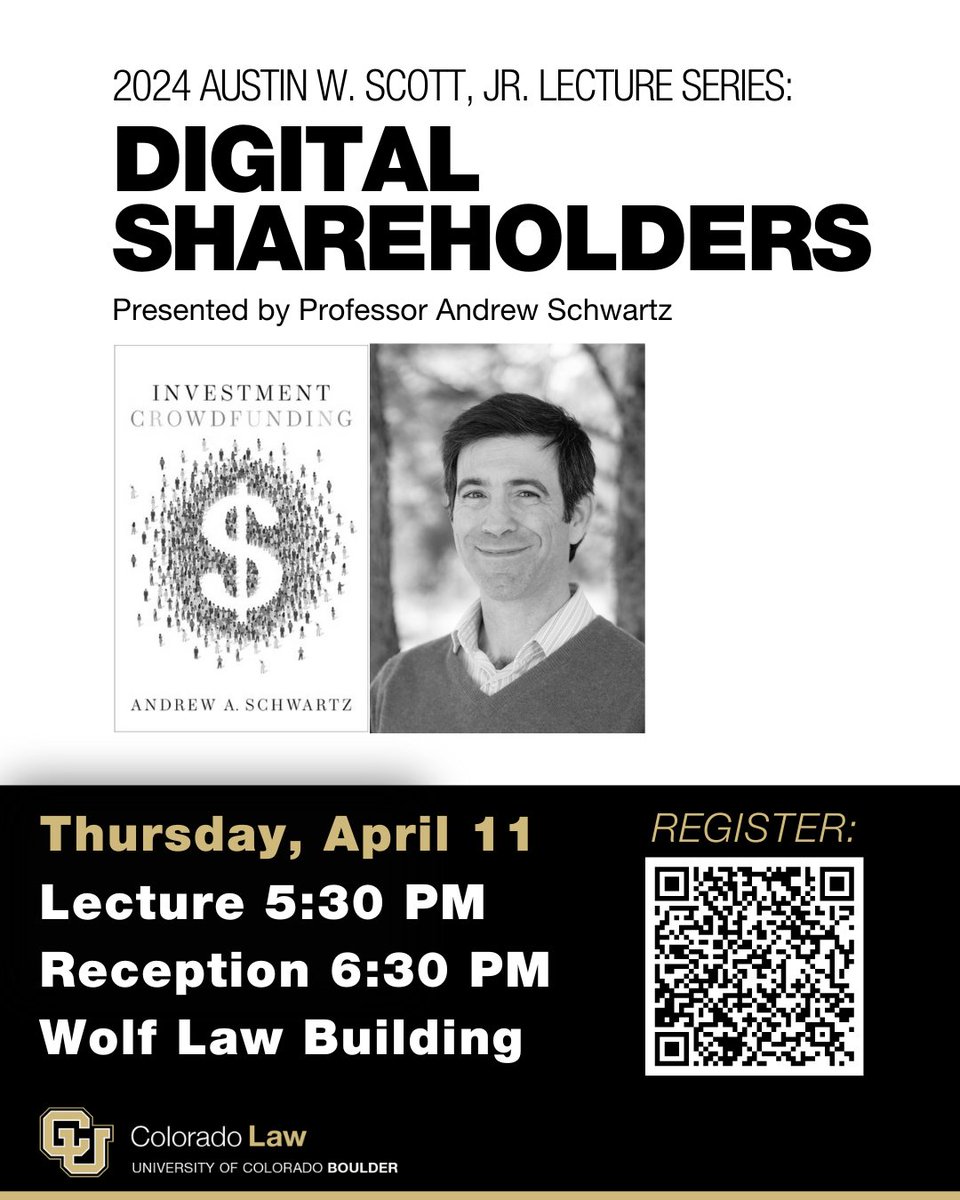 The Scott Lecture is TOMORROW at 5:30. It's not too late to register ➡ tinyurl.com/makhh73u. Come hear @AAschwartzAA discuss 'Digital Shareholders,' with a reception to follow at 6:30. This event is free and open to the public, we hope you will join us!