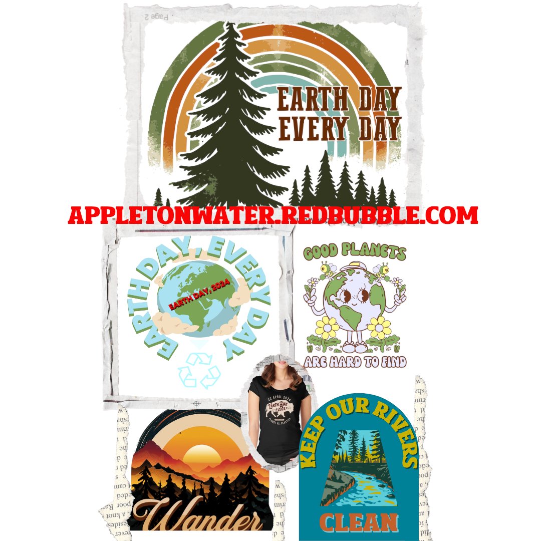 Earth Day 2024 collage of some of the available designs at my Redbubble store: AppletonWater.redbubble.com  #EarthDay  #EnvironmentalImpact  #camping #hiking  #backpacking