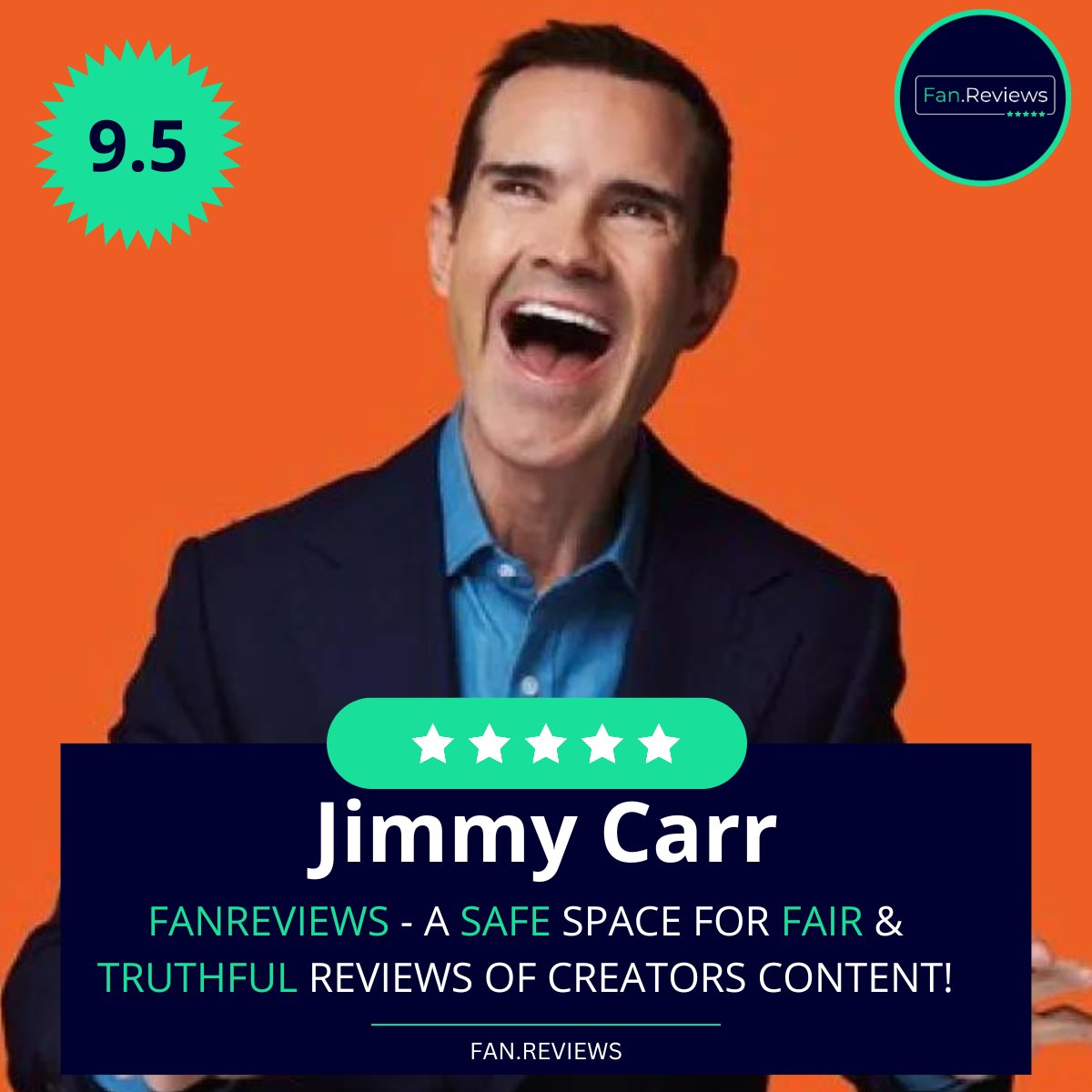 Congratulations to .@jimmycarr for having a 9.5 rating on FanReviews. Check out the reviews on our site 🎉 FanReviews - A safe space for fair & truthful reviews of Creator content! 💯 Profile link:👉fan.reviews/creator/comedy…
