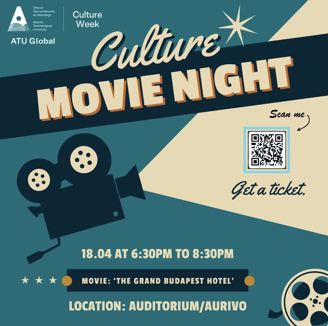 📽🎞 Lights, camera, action! 🔊 @atusligo_ie students - join us 📅 Thurs April 18th 🕰 6:30pm 📍 Auditorium B1094 🎥 “Grand Budapest Hotel” 🍿 #ATUCultureWeek #MovieNight #ATUGlobal