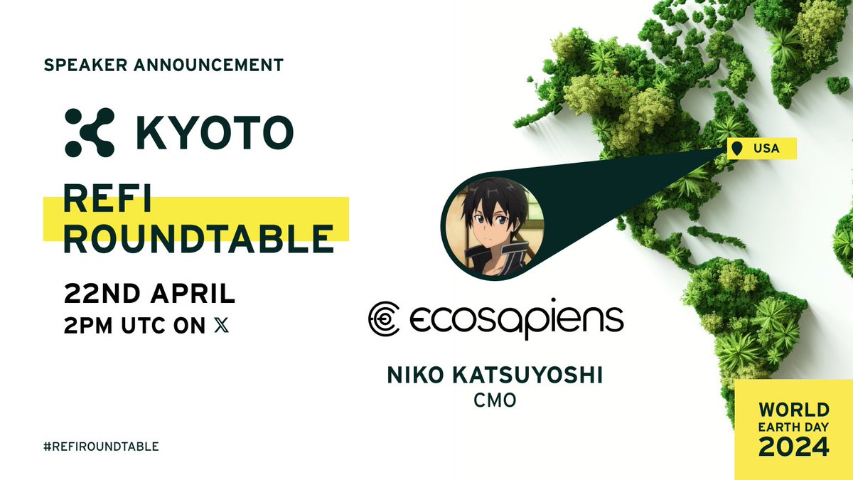 🚨Kyoto #ReFiRoundtable: 1st Confirmed Speaker!🚨 😲Joining our panel on #WorldEarthDay is @nikokatsuyoshi, CMO for @ecosapiensxyz, a trailblazer in real-world asset #NFTs!🌱 Set your reminders👇 x.com/i/spaces/1eajb… #RWA #ReFi $KYOTO #Ecosapiens