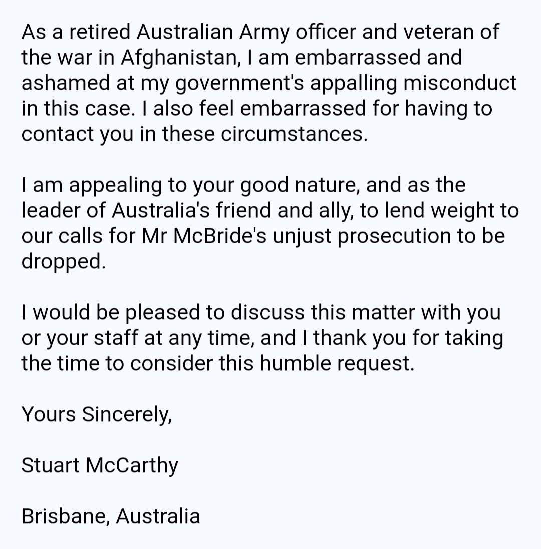 My email to @POTUS Joe Biden, seeking his support in lobbying the #auspol @AlboMP government to drop the unjust prosecution of whistleblower David McBride.