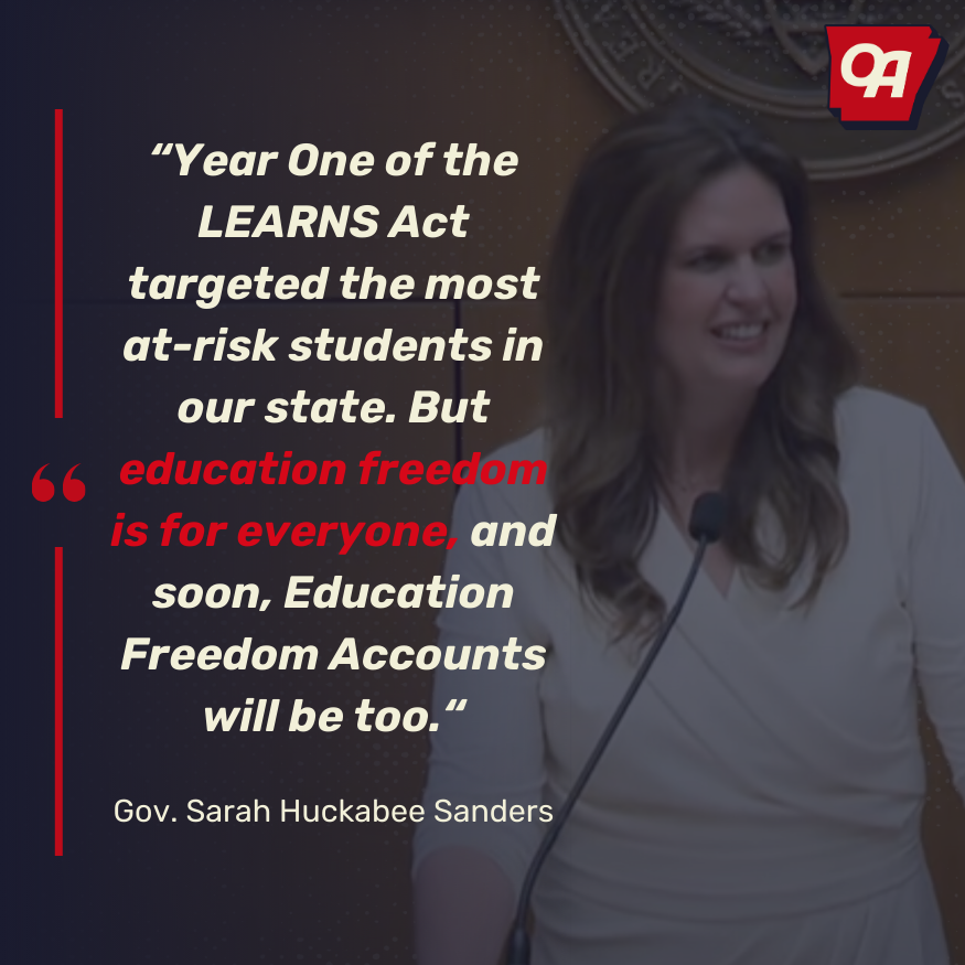 A great first State of the State Address from Gov. @SarahHuckabee! 

We applaud the work you've done to create education freedom for students in Arkansas and look forward to the continued investment in both students and teachers alike.
 #arleg #LEARNSAct #edfreedom