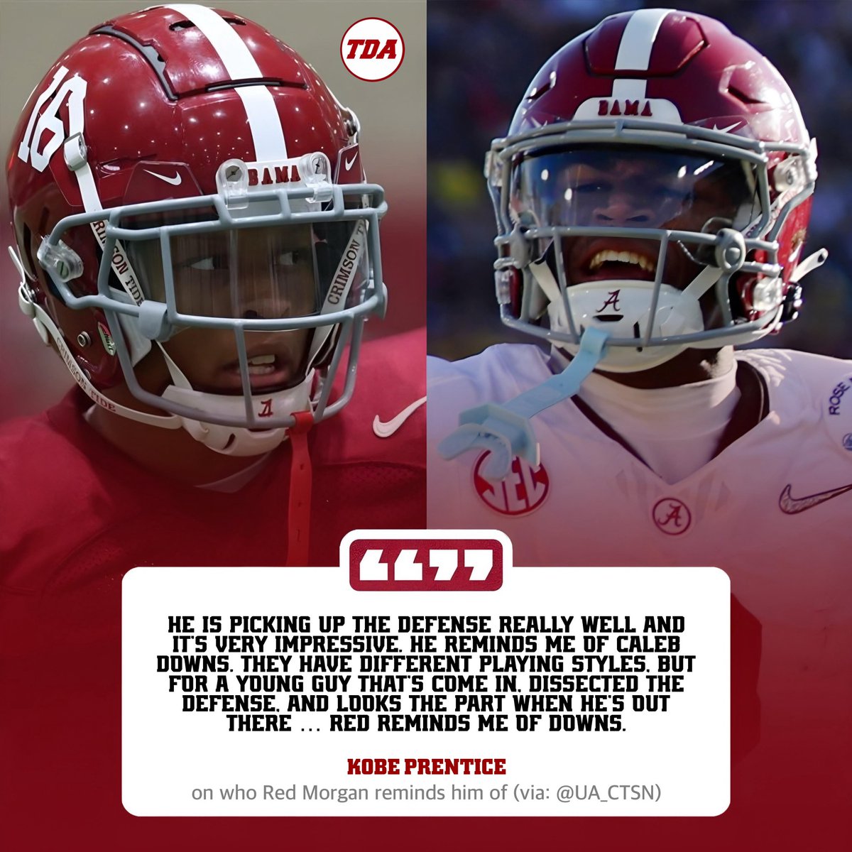 Alabama WR Kobe Prentice compares freshman DB Red Morgan to former Tide standout, Caleb Downs 😳