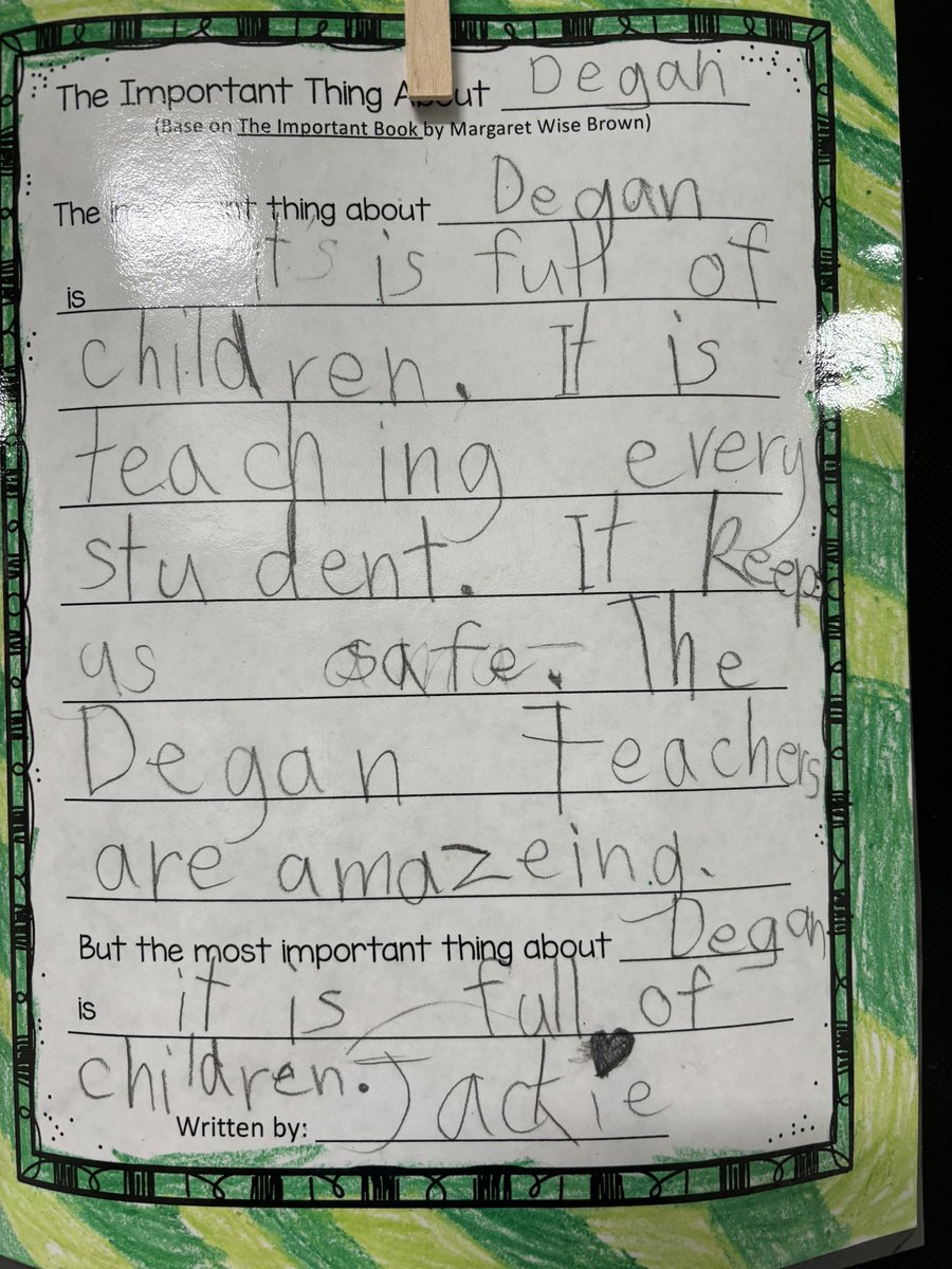 Students in Mrs. Kinder’s 2nd grade class based their writing on “The Important Thing about Degan Elementary” from the mentor text, The Important Book. @DeganElementary #OneLISD #wearedegan
