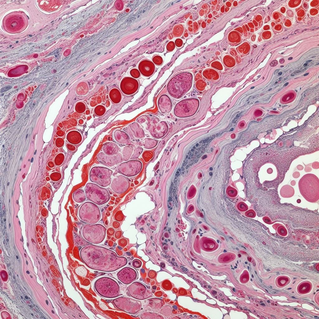 This is an #AI-generated #histology image using Microsoft Designer powered by DALLE-3. What do you see? What do you think is going on here? #pathology #DALLE3 #pathx