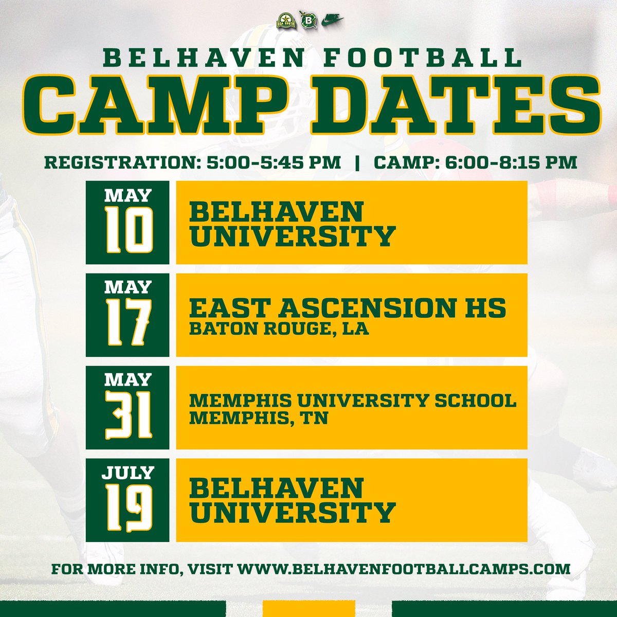 Excited for our camp opportunities for this summer! Looking forward to sharing <a href="/BelhavenFB/">Belhaven Football</a> with many players and families.

Register at: belhavenfootballcamps.com/register.cfm

#FIGHT