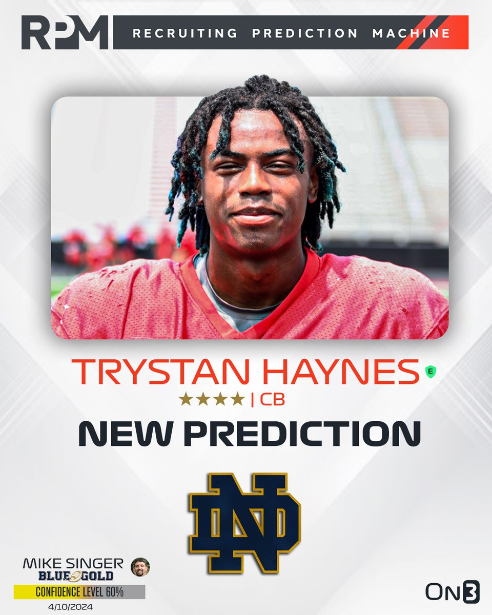 Notre Dame insider @MikeTSinger has logged an expert prediction for the Fighting Irish to land 4-star CB Trystan Haynes🍀 Intel: on3.com/teams/notre-da…