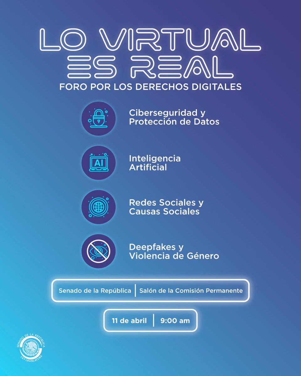 La senadora @RuthLoher, presidenta de la Comisión de Derechos Digitales, invita hoy 'Lo virtual es real: Foro por los derechos digitales'. 📆 11 de abril. ⌚ 9:00 horas.