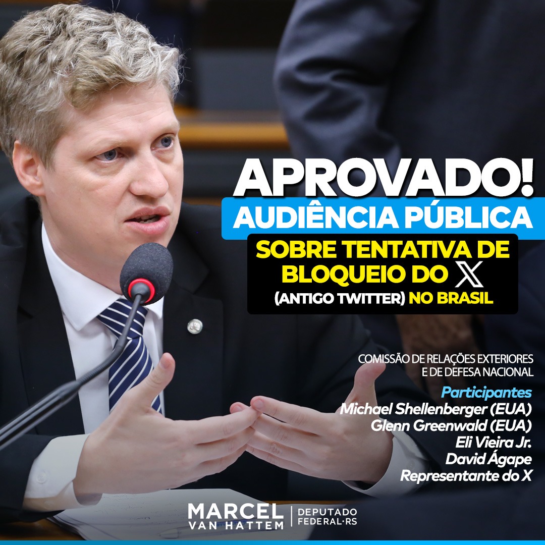 marcelvanhattem's tweet photo. A Comissão de Relações Exteriores da Câmara aprovou requerimento que propus para que sejam ouvidos os responsáveis pelo Twitter Files Brazil @shellenberger, @elivieira @david_agape_, responsáveis pela apuração jornalística que expôs as tentativas de censura por parte da Supremo Tribunal Federal, especialmente do ministro @alexandre. Também serão convidados para a audiência o jornalista @ggreenwald e um representante do X (antigo Twitter) no Brasil.

A população merece saber o que está por trás do falso discurso de "defesa da democracia" e dos intermináveis inquéritos recheados de sigilo e autoritarismo. Em breve, divulgaremos a data exata em que a audiência pública será marcada.