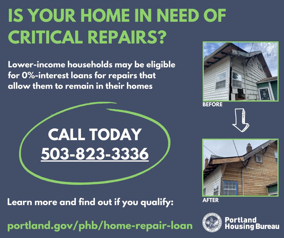 PHB offers low-income households 0% interest loans for critical home repairs, like failing roofs, damaged stairs and siding, or failing heating and plumbing. Call to learn more and find out if you're eligible: 503-823-3336, or visit portland.gov/phb/home-repai…