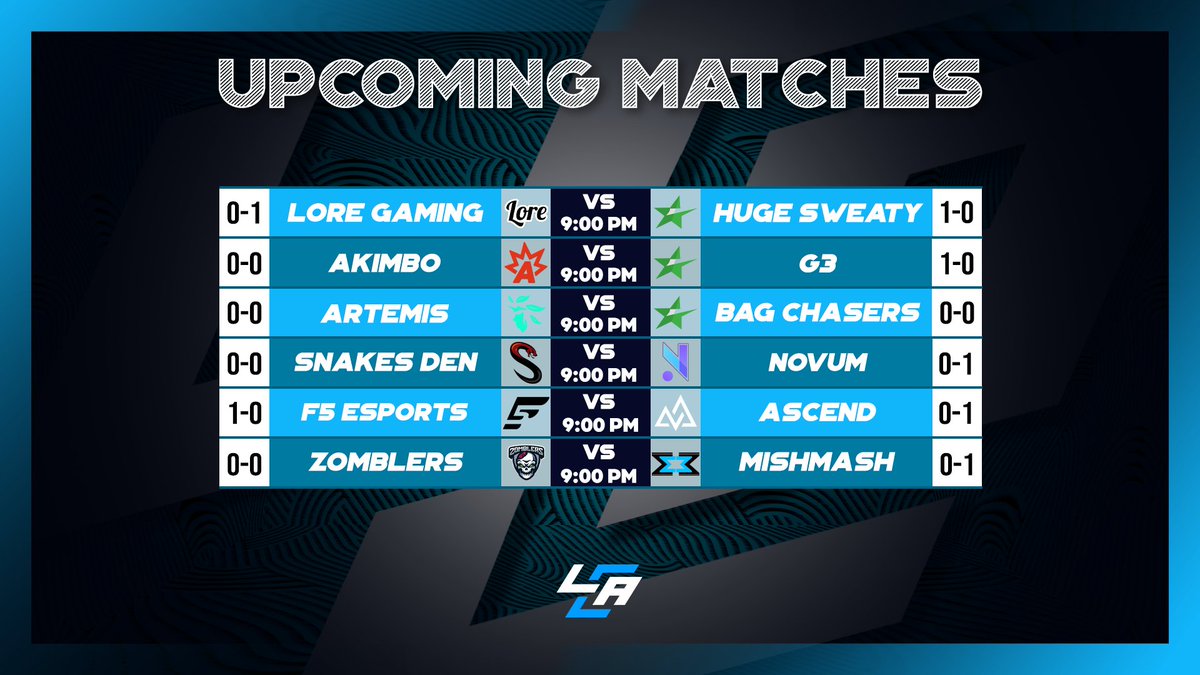 🚨 Tonight's Matches Covered by LCA!🚨 ⚔️ @LoreGaming_ VS #hugesweaty 🎙️ @GETTHEBAGMARK & @ParksCasts ⚔️ @akimboes VS #G3 🎙️ @Amaster15 ⚔️ @EsportsArtemis VS #BagChasers 🎙️ @cernersandals 🔗: IN REPLIES