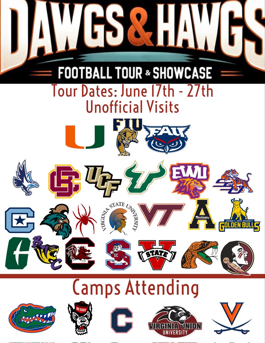 Proud to announce the Dawgs N Hawgs Football Tour Dates. On this tour we will be visiting FBS to NAIA schools. The student athletes will learn about each school requirements, NIL Deals, Transfer Portal, and more. Take advantage of this wonderful opportunity as spaces are limited!