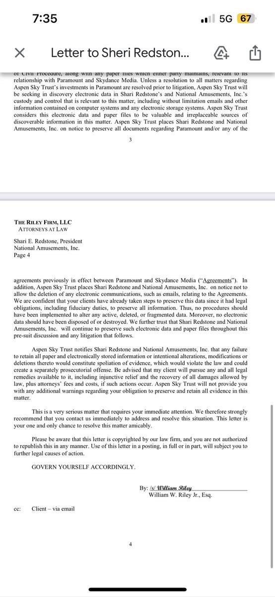 Another blistering shareholder letter opposing $PARA deal with Skydance: “Be assured that this will be the only courtesy provided to you before the initiation of litigation.”